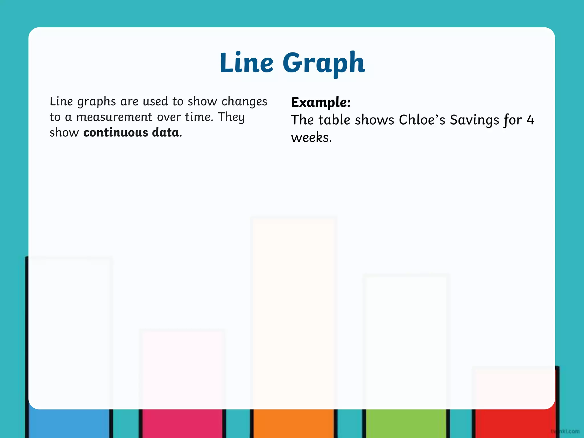 Line graphs are used to show changes
to a measurement over time. They
show continuous data.
Line Graph
Example:
The table shows Chloe’s Savings for 4
weeks.
 