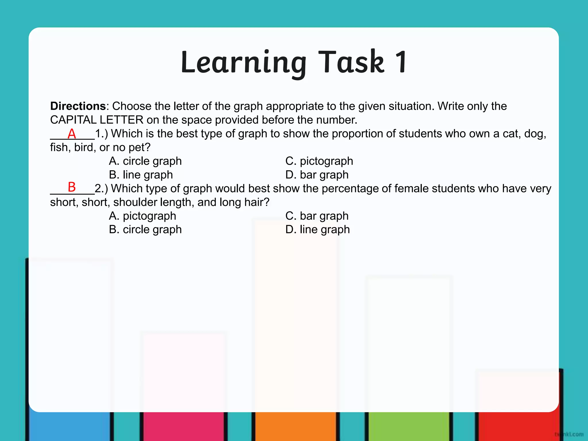 Learning Task 1
Directions: Choose the letter of the graph appropriate to the given situation. Write only the
CAPITAL LETTER on the space provided before the number.
_______1.) Which is the best type of graph to show the proportion of students who own a cat, dog,
fish, bird, or no pet?
A. circle graph C. pictograph
B. line graph D. bar graph
_______2.) Which type of graph would best show the percentage of female students who have very
short, short, shoulder length, and long hair?
A. pictograph C. bar graph
B. circle graph D. line graph
A
B
 