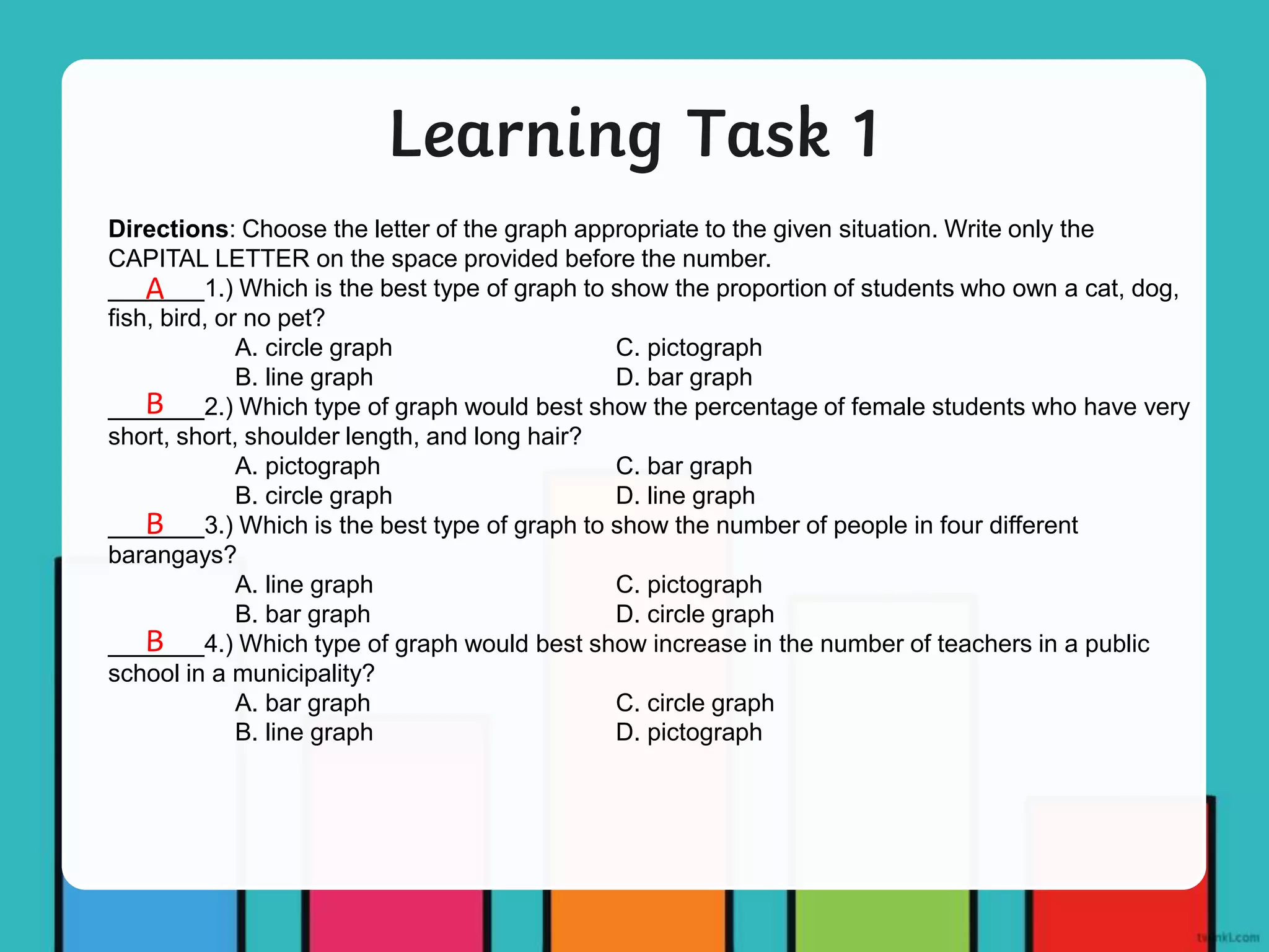 Learning Task 1
Directions: Choose the letter of the graph appropriate to the given situation. Write only the
CAPITAL LETTER on the space provided before the number.
_______1.) Which is the best type of graph to show the proportion of students who own a cat, dog,
fish, bird, or no pet?
A. circle graph C. pictograph
B. line graph D. bar graph
_______2.) Which type of graph would best show the percentage of female students who have very
short, short, shoulder length, and long hair?
A. pictograph C. bar graph
B. circle graph D. line graph
_______3.) Which is the best type of graph to show the number of people in four different
barangays?
A. line graph C. pictograph
B. bar graph D. circle graph
_______4.) Which type of graph would best show increase in the number of teachers in a public
school in a municipality?
A. bar graph C. circle graph
B. line graph D. pictograph
A
B
B
B
 