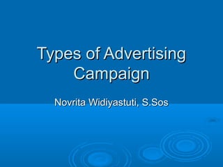 Types of AdvertisingTypes of Advertising
CampaignCampaign
Novrita Widiyastuti, S.SosNovrita Widiyastuti, S.Sos
 