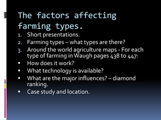 The factors affecting farming types.Short presentations.Farming types – what types are there? Around the world agriculture maps - For each type of farming in Waugh pages 438 to 447:How does it work?What technology is available? What are the major influences? – diamond ranking.Case study and location.