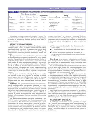 CHAPTER 35               Pregnancy-Related Hypertension            673

  TABLE 35-9          DRUGS FOR TREATMENT OF HYPERTENSIVE EMERGENCIES
                         Time Course of Action
                                                             Intramuscular                                 Interval
 Drug                  Onset       Maximum      Duration         Dosage       Intravenous Dosage        between Doses              Mechanism
 Hydralazine          10-20 min    20-40 min     3-8 hr         10-50 mg      5-25 mg                        3-6 hr         Direct dilatation of
                                                                                                                              arterioles
 Sodium             0.52-2 min      1-2 min      3-5 min           —          IV solution: 0.01 g/L;                        Direct dilatation of
   nitroprusside                                                                IV infusion rate:                             arterioles and veins
                                                                                3-4 μg/kg/min
 Labetalol             1-2 min       10 min      6-16 hr           —          20-50 mg                       3-6 hr         α- and β-Adrenergic
                                                                                                                              blocker
 Nifedipine            5-10 min    10-20 min     4-8 hr            —          10 mg orally                   4-8 hr         Calcium channel blocker




    Most seizures terminate spontaneously within 1 to 2 minutes. The         necessary. A test dose of 1 mg is given over 1 minute, and blood pres-
most important measures for any seizure before pharmacologic therapy         sure is determined to avoid idiosyncratic hypotensive effects; 4 mg is
is initiated are prevention of injury and protection of the airway to        then infused over 2 to 4 minutes. After 20 minutes, the blood pressure
prevent aspiration.                                                          is determined, and the following criteria for action are taken into
                                                                             account:
   ANTIHYPERTENSIVE THERAPY
    Antihypertensive agents are not administered routinely to women                If there was no effect from the ﬁrst dose of hydralazine, the
with preeclampsia. There is no evidence that administration of these               dose is repeated.
agents has beneﬁcial fetal effects. The suggestion that lowering blood             If a suboptimal effect was obtained, a second, smaller dose is
pressure reduces the risk of seizures has not been tested. The goal of             given.
antihypertensive treatment is prevention of intracranial bleeding and              If diastolic blood pressure is between 90 and 100 mm Hg,
stroke.                                                                            therapy is not repeated until diastolic blood pressure increases
    Therapy is reserved for women in whom blood pressure is elevated               to 105 mm Hg.
to more than 160 mm Hg systolic or more than 105 to 110 mm Hg
diastolic, which are the levels associated with intracranial bleeding or         Other Drugs. In rare instances, hydralazine may not effectively
stroke.384,385 The goal of blood pressure control is not to attain normal    lower blood pressure to the desired level. If blood pressure control is
blood pressure but merely to reduce blood pressure to a level that can       not adequate after the administration of 20 mg of hydralazine, other
provide a margin of maternal safety (i.e., 135 to 145 mm Hg systolic         hypotensive agents must be used.
and 95 to 100 mm Hg diastolic) without compromising adequate                     The calcium entry blocker nifedipine has been taken orally in doses
uterine perfusion. These patients have elevated blood pressure with          of 10 mg, which may be repeated after 30 minutes if needed to lower
reduced plasma volume. Overly aggressive treatment lowers maternal           blood pressure rapidly. For maintenance dosing, 10 to 20 mg can then
cardiac output and uterine perfusion and may result in iatrogenic fetal      be given every 3 to 6 hours as needed. It is quite effective and well toler-
distress.                                                                    ated; headache is the most common side effect.386
    Several agents available for reducing blood pressure rapidly                 Labetalol, a mixed α-adrenergic and β-adrenergic antagonist, also
are described in Table 35-9. Not listed in this table are potent             is useful for reducing blood pressure acutely. It is given intravenously
diuretic agents that lower blood pressure rapidly by depleting               as a bolus infusion, beginning with 10 mg and followed by repeated
plasma volume, because the use of these agents in the plasma volume–         doses that may be increased up to twofold (e.g., 20 mg, 40 mg, 80 mg),
depleted patient may reduce maternal cardiac output and uterine              with doubling every 10 minutes as needed (up to 300 mg) for blood
perfusion.                                                                   pressure control.387 The major reservation about the use of labetalol is
    Hydralazine. The agent most widely used to reduce blood pres-            that, unlike the vasodilators hydralazine and nifedipine, it does not
sure in women with severe preeclampsia is hydralazine. As a direct           reduce afterload. There are theoretical disadvantages with using labet-
vasodilator, it offers two major advantages. First, vasodilation with        alol for managing cardiac failure associated with the hypertension of
hydralazine results in a reﬂex increase in cardiac output and increased      preeclampsia.
uterine blood ﬂow as blood pressure decreases. Second, the increase in           Methyldopa (formerly designated α-methyldopa) is a safe and well-
cardiac output blunts the hypotensive effect and makes it difﬁcult to        tested drug. However, its delayed onset of action (4 to 6 hours), even
overdose the patient. The important side effects of hydralazine are          when administered intravenously, limits its usefulness for hypertensive
headache and epigastric pain, which may be confused with worsening           emergencies. On the basis of side effects and experience, nifedipine or
preeclampsia.                                                                labetalol are preferred when hydralazine is ineffective.
    The pharmacokinetic proﬁle of hydralazine is outlined in Table
35-9. The onset of action occurs in 10 to 20 minutes, and peak action           MANAGEMENT OF OLIGURIA
occurs 20 minutes after administration, even when the agent is given            In preeclamptic women, oliguria can have a prerenal or renal origin
intravenously. The duration of action is 3 to 8 hours. The use of con-       (see Chapters 44 and 57). Even though plasma volume is decreased in
tinuous intravenous infusions of hydralazine is not sensible because         preeclamptic patients, the use of ﬂuids is controversial. Excessive ﬂuid
minute-to-minute control cannot be attained. An alternative approach         infusion can lead to congestive heart failure and perhaps cerebral
is to administer the drug as a bolus infusion, repeated at 20-minute         edema388; nevertheless, oliguria can be corrected in many patients by
intervals until the desired control is attained and then repeated as         ﬂuid infusion.
 