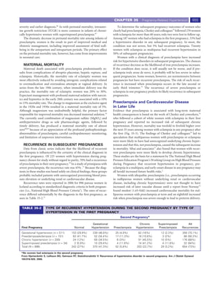CHAPTER 35             Pregnancy-Related Hypertension            655
severity and earlier diagnosis.66 As with perinatal mortality, intrauter-        To determine the subsequent pregnancy outcomes of women who
ine growth restriction (IUGR) is more common in infants of chroni-           clearly had preeclampsia, Chesley and colleagues74 followed 270 women
cally hypertensive women with superimposed preeclampsia.67                   with eclampsia for more than 40 years; only two were lost to follow-up.
    The dramatic decrease in perinatal mortality rate among infants of       Among 187 women who had eclampsia in the ﬁrst pregnancy, 33% had
preeclamptic women is the result in part of improved medical and             a hypertensive disorder in any subsequent pregnancy. In most, the
obstetric management, including improved assessment of fetal well-           condition was not severe, but 5% had recurrent eclampsia. Twenty
being in the antepartum and intrapartum periods. The primary effect          women with eclampsia as multiparas had recurrent hypertension in
on the perinatal mortality rate, however, has come from improvements         50% of subsequent pregnancies.
in neonatal care.                                                                Women with a clinical diagnosis of preeclampsia have increased
                                                                             risk for hypertensive disorders in subsequent pregnancies. The chances
   MATERNAL MORTALITY                                                        of recurrence decrease as the likelihood of true preeclampsia increases.
    Maternal death associated with preeclampsia predominantly re-            If the condition does recur, it will usually not be worse, and if pre-
sults from complications of abruptio placentae, hepatic rupture, and         eclampsia truly arose de novo, it probably will be less severe in subse-
eclampsia. Historically, the mortality rate of eclamptic women was           quent pregnancies. Some women, however, are normotensive between
most effectively reduced by avoiding iatrogenic complications related        pregnancies but have recurrent preeclampsia. The risk of such recur-
to overmedication and overzealous attempts at vaginal delivery. In           rence is increased when preeclampsia occurs in the late second or
series from the late 19th century, when immediate delivery was the           early third trimester.73 The recurrence of severe preeclampsia or
practice, the mortality rate of eclamptic women was 20% to 30%.              eclampsia in one pregnancy predicts its likely recurrence in subsequent
Expectant management with profound maternal sedation with narcot-            pregnancies.
ics and hypnotics in the early 20th century was associated with a 10%
to 15% mortality rate. The change to magnesium as the exclusive agent        Preeclampsia and Cardiovascular Disease
in the 1920s and 1930s resulted in a maternal mortality rate of 5%.          in Later Life
Although magnesium was undoubtedly helpful, the primary factor               Evidence that preeclampsia is associated with long-term maternal
responsible for improved mortality was decreased maternal sedation.18        health consequences is based on the work of Chesley and coworkers,74
The currently used combination of magnesium sulfate (MgSO4) and              who followed a cohort of white women with eclampsia in their ﬁrst
antihypertensive drugs as sole pharmacologic agents, followed by             pregnancy and reported no increased risk of subsequent chronic
timely delivery, has produced a maternal mortality rate of almost            hypertension. However, mortality was twofold to ﬁvefold higher over
zero68,69 because of an appreciation of the profound pathophysiologic        the next 35 years among women with eclampsia in any pregnancy after
abnormalities of preeclampsia, careful cardiopulmonary monitoring,           the ﬁrst (Fig. 35-3). The ﬁndings of Chesley and colleagues74 led to
and limitation of unproven interventions.                                    speculation that multiparous women with preeclampsia or eclampsia
                                                                             were more likely to have had unrecognized underlying chronic hyper-
   RECURRENCE IN SUBSEQUENT PREGNANCIES                                      tension and that this, not preeclampsia, caused the subsequent increase
    Data from classic series indicate that the likelihood of recurrent       in mortality. Sibai and associates71 also found that women with recur-
preeclampsia is inﬂuenced by the certainty of the clinical diagnosis in      rent preeclampsia were more likely to develop chronic hypertension.
the ﬁrst pregnancy. Of 225 women with hypertension during preg-              These studies are the basis for a statement by The National High Blood
nancy chosen for study without regard to parity, 70% had a recurrence        Pressure Education Program’s Working Group on High Blood Pressure
of preeclampsia in their next pregnancy.70 In a study of primiparas with     during Pregnancy that recurrent hypertension in pregnancy, pre-
severe preeclampsia, the recurrence rate was 45% .71 Because the diag-       eclampsia in a multipara, and early-onset disease in any pregnancy may
nosis in these studies was based solely on clinical ﬁndings, these groups    all herald increased future health risks.2
probably included patients with unrecognized preexisting blood pres-             Women with idiopathic preeclampsia (i.e., preeclampsia occurring
sure elevation or underlying renal or cardiovascular disease.                in nulliparous women without underlying renal or cardiovascular
    Recurrence rates were reported in 2006 for 896 parous women in           disease, including chronic hypertension) were not thought to have
Iceland according to standardized diagnostic criteria in both pregnan-       increased risk of later vascular disease until a report from Norway75
cies (i.e., National High Blood Pressure Criteria3). The rates of recur-     found modest (1.65-fold) increased cardiovascular mortality for nul-
rence differed substantially by the diagnosis in the ﬁrst pregnancy, as      liparous women with preeclampsia at term and an eightfold increased
seen in Table 35-2.72                                                        risk when preeclampsia was severe enough to lead to preterm delivery.


  TABLE 35-2          TYPE OF RECURRENT HYPERTENSION DURING THE SECOND PREGNANCY BY TYPE OF
                      HYPERTENSION IN THE FIRST PREGNANCY
                                                                                   Second Pregnancy*

                                                             Gestational                          Chronic          Superimposed            All
 First Pregnancy                             Normal         Hypertension      Preeclampsia      Hypertension       Preeclampsia        Recurrences
 Gestational hypertension (n = 511)        153 (29.9%)       239 (46.8%)       25 (4.9%)          82 (16%)           12 (2.3%)         358 (70.1%)
 Preeclampsia/eclampsia (n = 151)           63 (41.7%)        52 (34.4%)       17 (11.3%)         16 (10.6%)          3 (2%)            88 (58.3%)
 Chronic hypertension (n = 200)             24 (12%)          69 (34.5%)        6 (3%)            91 (45.5%)         10 (5%)           176 (88%)
 Superimposed preeclampsia (n = 34)          2 (5.9%)         10 (29.4%)        4 (11.8%)         14 (41.2%)          4 (11.8%)         32 (94%)
 Total (N = 896)                           242 (27%)         370 (41.3%)       52 (5.8%)         203 (22.7%)         29 (3.2%)         654 (73%)

 *No women had eclampsia in the second pregnancy.
 From Hjartardottir S, Leifsson BG, Geirsson RT, Steinthorsdottir V: Recurrence of hypertensive disorder in second pregnancy. Am J Obstet Gynecol
 194:916-920, 2006.
 
