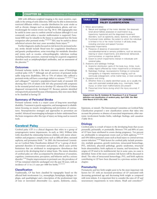 1214      CHAPTER 58               Neonatal Morbidities of Prenatal and Perinatal Origin

    MRI with diffusion-weighted imaging is the most sensitive, espe-               TABLE 58-6          COMPONENTS OF CEREBRAL
cially in the setting of early infarction. MRI may be able to demonstrate                              PALSY CLASSIFICATION
restricted diffusion within a vascular distribution for acute stroke as
well as chronic changes such as encephalomalacia, gliosis, and ven-               1. Motor abnormalities
triculomegaly for remote events (see Fig. 58-6). MR angiography may                  A. Nature and typology of the motor disorder: the observed
be useful in some cases to conﬁrm arterial occlusion although it is not                 tonal abnormalities assessed on examination (e.g.,
commonly used unless a vascular malformation is suspected. Func-                        hypertonia, hypotonia) and the diagnosed movement
                                                                                        disorders, such as spasticity, ataxia, dystonia, or athetosis
tional MRI may be valuable in the future to understand how the brain
                                                                                     B. Functional motor abilities: the extent to which the individual
reorganizes after perinatal stroke.218,228,229 EEG may be useful to detect              is limited in his or her motor function in all body areas,
subclinical seizures that may cause secondary brain injury.218                          including oromotor and speech function
    Further diagnostic studies focused on risk factors for perinatal ische-       2. Associated impairments
mic stroke should include blood tests for coagulation disturbances                   A. Presence of absence of associated nonmotor
and genetic predispositions, urine toxicology for metabolic disorders                   neurodevelopmental or sensory problems, such as seizures,
and toxins such as cocaine, echocardiography, infectious workup                         hearing or vision impairments, and attentional, behavioral,
including lumbar puncture, maternal testing for acquired coagulation                    communicative, or cognitive deﬁcits
disorders such as antiphospholipid antibodies, and an assessment of                  B. Extent to which impairments interact in individuals with
the placenta.176                                                                        cerebral palsy
                                                                                  3. Anatomic and radiologic ﬁndings
                                                                                     A. Anatomic distribution: parts of the body (e.g., limbs, trunk,
Outcomes                                                                                bulbar region) affected by motor impairments or limitations
Perinatal ischemic stroke is the most common cause of hemiplegic                     B. Radiologic ﬁndings: neuroanatomic ﬁndings on computed
cerebral palsy (CP).176 Although not all survivors of perinatal stroke                  tomography or magnetic resonance imaging, such as
suffer long-term disabilities, 50% to 75% of infants who suffered a                     ventricular enlargement, white matter loss, or brain anomaly
perinatal stroke will have a neurologic deﬁcit or seizures.215,218,230-232 Lee    4. Causation and timing
and colleagues215 reported a population-based study of neonatal AIS                  A. Whether there is a clearly identiﬁed cause, as is usually the
showing that 32% of infants with AIS who presented with symptoms                        case with postnatal cerebral palsy (e.g., meningitis, head
in the neonatal period went on to develop CP, whereas 82% of infants                    injury), or when brain malformations are present
diagnosed retrospectively developed CP. Because patients identiﬁed                   B. Presumed time frame during which the injury occurred, if
                                                                                        known
retrospectively presented because of hemiparesis, they were more likely
to be classiﬁed as having CP.                                                     Adapted from Bax M, Goldstein M, Rosenbaum P, et al: Proposed
                                                                                  deﬁnition and classiﬁcation of cerebral palsy, April 2005. Dev Med
Summary of Perinatal Stroke                                                       Child Neurol 47:571-576, 2005.
Perinatal ischemic stroke is a major cause of long-term neurologic
disability. Treatment is purely supportive, and management is rehabili-
tation focusing on muscle strengthening and prevention of contrac-               hypotonic, or mixed). The International Committee on Cerebral Palsy
tures. Neuroprotective strategies and approaches to prevention are               Classiﬁcation proposed a new classiﬁcation system that takes into
needed. Advanced neuroimaging techniques to better understand how                account the presence or absence of associated impairments, other ana-
the brain reorganizes after this type of injury are being used as research       tomic involvement besides limbs, radiologic ﬁndings, and causation
tools.                                                                           (Table 58-6).

                                                                                 Etiology
Cerebral Palsy                                                                   Cerebral palsy is a result of injury to the developing brain that occurs
Cerebral palsy (CP) is a clinical diagnosis that refers to a group of            prenatally, perinatally, or postnatally. Between 75% and 80% of cases
nonprogressive motor impairments. As early as 1862, William John                 of CP have been attributed to events during pregnancy. Ten percent
Little described the relationship between children with motor abnor-             are attributable to intrapartum events such as birth asphyxia,156,235,236
malities and pregnancy complications such as difﬁcult labor, neonatal            and 10% follow postnatal causes such as head injury or central nervous
asphyxia, and premature birth.177 In 2005, the International Commit-             system infection.179,180 Risk factors for cerebral palsy include prematu-
tee on Cerebral Palsy Classiﬁcation deﬁned CP as “a group of devel-              rity, multiple gestation, growth restriction, intracranial hemorrhage,
opmental disorders of movement and posture, which cause activity                 PVL, infections, placental pathology, genetic syndromes, structural
limitations that are attributed to nonprogressive disturbances that              brain abnormalities, birth asphyxia or trauma, and kernicterus. The
occurred in the developing fetal or infant brain. The motor disorders            origins of CP tend to be multifactorial, but in some cases, no cause is
of cerebral palsy are often accompanied by disturbances of sensation,            identiﬁed. Some of the more common risk factors will be discussed in
cognition, communication, perception, and behavior and by a seizure              detail. The roles of intracranial hemorrhage, PVL, and birth asphyxia
disorder.”178 Despite improvements in perinatal care, the prevalence of          contributing to CP have been discussed in a previous section of this
CP has remained relatively unchanged over the past 50 years, with an             chapter.
incidence of 1.5 to 2.5 cases per 1000 live births.155,233,234
                                                                                 Prematurity
Classiﬁcation                                                                    Prematurity and low birth weight seem to be the most important risk
Traditionally, CP has been classiﬁed by topography based on the                  factors for CP, with an increased prevalence of CP associated with
affected limb involvement (i.e., monoplegia, hemiplegia, diplegia, tri-          decreasing gestational age and decreasing birth weight as compared
plegia, and quadriplegia) and a description of the predominant type              with term infants. It is important ﬁrst to consider the rates of CP and
of tone or movement abnormality (i.e., spastic, dyskinetic, ataxic,              neurosensory impairments in term infants. Msall and coworkers237
 