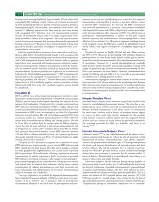 1218     CHAPTER 58             Neonatal Morbidities of Prenatal and Perinatal Origin

hearing loss or learning disabilities. Approximately 10% of infants with    exposure protection and provides long-term protection. Pre-exposure
congenital CMV infection exhibit evidence of profound involvement           immunization with hepatitis B vaccine is the most effective means
at birth, including intrauterine growth restriction, jaundice, purpura,     to prevent HBV transmission. To decrease the HBV transmission
hepatosplenomegaly, microcephaly, intracerebral calciﬁcations, and          rate universal immunization is necessary. Postexposure prophylaxis
retinitis.331 Although ganciclovir has been used to treat some infants      with hepatitis B vaccine and HBIG or hepatitis B vaccine alone effec-
with congenital CMV infection, it is not recommended routinely              tively prevents infection after exposure to HBV. The effectiveness of
because of insufﬁcient efﬁcacy data. One study of ganciclovir treat-        postexposure immunoprophylaxis is related to the time elapsed
ment provided to infants with congenital CMV with central nervous           between exposure and administration. Immunoprophylaxis is most
system involvement suggested that treatment decreased progression of        effective if given within 12 to 24 hours of exposure. Serologic testing
hearing impairment.332 Because of the potential toxicity of long-term       of all pregnant women for HBsAg is essential for identifying women
ganciclovir therapy, additional investigation is required before a rec-     whose infants will require postexposure prophylaxis beginning at
ommendation can be made.                                                    birth.
    Infection acquired during pregnancy from maternal cervical secre-           Hepatitis B vaccines are highly effective and safe. These vaccines
tions or after delivery from human milk usually is not associated with      are 90% to 95% efﬁcacious for preventing HBV infection. Studies in
clinical illness. Infections resulting from transfusion of blood products   preterm infants and low-birth-weight infants (<2000 g) have demon-
with CMV-seropositive donors and from human milk to preterm                 strated decreased seroconversion rates after administration of hepatitis
infants have been associated with serious systemic infections, includ-      B vaccination. However, by 1 month chronological age medically
ing lower respiratory tract infection. Transmission of CMV by transfu-      stable preterm infants should be immunized, regardless of initial birth
sion to newborn infants has been reduced by using CMV-antibody              weight or gestational age. Routine postimmunization testing for anti-
negative donors, by freezing erythrocytes in glycerol, or by removal of     HBs is not necessary for most infants. However, postimmunization
leukocytes by ﬁltration before administration.333 CMV transmission by       testing for HBsAg and anti-HBs at 9 to 18 months is recommended
human milk can be decreased by pasteurization.334 However, freeze-          for infants born to HBsAg-positive mothers.
thawing is probably not effective.335 If fresh donor milk is needed for         Immunization of pregnant women with hepatitis B vaccine has not
infants born to CMV-antibody negative mothers, provision of these           been associated with adverse effects on the developing fetus. Because
infants with milk from only CMV-antibody negative women should              HBV infection may result in severe disease in the mother and chronic
be considered.                                                              infection in the newborn infant, pregnancy is not considered a contra-
                                                                            indication to immunization. Lactation is also not a contraindication
Hepatitis B                                                                 to immunization.
HBV is a DNA virus whose important components include an outer
lipoprotein envelope containing antibody to hepatitis B surface antigen     Herpes Simplex Virus
(HBsAg) and an inner nucleocapsid containing the hepatitis B core           Neonatal herpes simplex virus infections range from localized skin
antigen. Only antibody to HBsAg (anti-HBs) provides protection from         lesions to overwhelming disseminated disease. The latter has a case-
HBV infection. Perinatal transmission of HBV is highly efﬁcient and         fatality rate in excess of 50%, even with prompt initiation of antiviral
usually occurs from blood exposure during labor and delivery. In utero      therapy. Vertical transmission is the likely mode of transmission
transmission of HBV is rare, accounting for less than 2% of perinatal       for most cases. Mothers with a history of previous disease appear
infections in most studies. The risk of an infant acquiring HBV from        to convey at least some type-speciﬁc immunity to the neonate.
an infected mother as a result of perinatal exposure is 70% to 90% for      Most mothers of severely infected infants have no recognized history
infants born to mothers who are HBsAg and HBeAg positive. The risk          of HSV and no evidence of active disease on physical examination.
is 5% to 20% for infants born to mothers who are HBeAg negative.            No screening protocols for HSV are available, and there is no
Age at the time of acute infection is the primary determinant of risk       vaccine.337,338
of progression to chronic HBV infection. More than 90% of infants
with perinatal infection will develop chronic HBV infection. Between        Human Immunodeﬁciency Virus
25% and 50% of children infected between 1 to 5 years of age become         Landmark studies339,340 in the 1990s demonstrated the value of intra-
chronically infected, whereas only 2% to 6% of older children or adults     partum antiretroviral therapy to reduce the risk of maternal to fetal
develop chronic HBV infection.336                                           transmission of human immunodeﬁciency virus (HIV). Improve-
    The goals of HBV prevention programs are to prevent the acute           ments in the quality and availability of rapid HIV testing holds promise
HBV infection and to decrease the rates of chronic HBV infection and        for timely and accurate identiﬁcation of infected women and their
HBV-related chronic liver disease. Over the past 2 decades a strategy       newborn infants. The risk of congenital HIV is reduced to approxi-
has been progressively implemented in the United States to prevent          mately 1% when HIV-positive mothers receive antiretroviral therapy
HBV transmission. This includes the following components: universal         during labor and treatment is continued for the neonate within 12
immunization of infants beginning at birth, prevention of perinatal         hours of delivery, Breastfeeding is contraindicated, unless there is no
HBV infection by routine screening of all pregnant women and appro-         access to clean water and infant formula.
priate immunoprophylaxis of infants born to HBsAg-positive women                Laboratory diagnosis of HIV infection during infancy depends on
and infants born to women with unknown HBsAg status, routine                detection of virus or viral nucleic acid. Cord blood should not be used
immunization of children and adolescents who have previously not            for this early test because of possible contamination by maternal blood.
been immunized, and immunization of previously nonimmunized                 A positive result identiﬁes infants who have been infected in utero.
adults at increased risk of infection.                                      Approximately 93% of infected infants have detectable HIV DNA at 2
    Two types of products are available for hepatitis B immunoprophy-       weeks, and almost all HIV-infected infants have positive HIV DNA
laxis. Hepatitis B immune globulin (HBIG) provides short-term pro-          PCR assay results by 1 month of age. A test within the ﬁrst 14 days of
tection (3 to 6 months) and is indicated only in postexposure               age can facilitate decisions regarding initiation of antiretroviral therapy.
circumstances. Hepatitis B vaccine is used for pre-exposure and post-       Transplacental passage of antibodies complicates use of antibody-
 