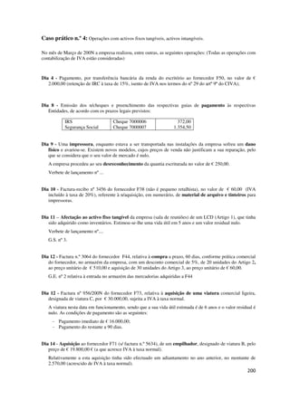 200
Caso prático n.º 4: Operações com activos fixos tangíveis, activos intangíveis.
No mês de Março de 200N a empresa realizou, entre outras, as seguintes operações: (Todas as operações com
contabilização de IVA estão consideradas)
Dia 4 - Pagamento, por transferência bancária da renda do escritório ao fornecedor F50, no valor de €
2.000,00 (retenção de IRC à taxa de 15%, isento de IVA nos termos do nº 29 do artº 9º do CIVA);
Dia 8 - Emissão dos n/cheques e preenchimento das respectivas guias de pagamento às respectivas
Entidades, de acordo com os prazos legais previstos:
IRS
Segurança Social
Cheque 7000006
Cheque 7000007
372,00
1.354,50
Dia 9 - Uma impressora, enquanto estava a ser transportada nas instalações da empresa sofreu um dano
físico e avariou-se. Existem novos modelos, cujos preços de venda não justificam a sua reparação, pelo
que se considera que o seu valor de mercado é nulo.
A empresa procedeu ao seu desreconhecimento da quantia escriturada no valor de € 250,00.
Verbete de lançamento nº ...
Dia 10 - Factura-recibo nº 3456 do fornecedor F38 (não é pequeno retalhista), no valor de € 60,00 (IVA
incluído à taxa de 20%), referente à n/aquisição, em numerário, de material de arquivo e tinteiros para
impressoras.
Dia 11 – Afectação ao activo fixo tangível da empresa (sala de reuniões) de um LCD (Artigo 1), que tinha
sido adquirido como inventários. Estimou-se-lhe uma vida útil em 5 anos e um valor residual nulo.
Verbete de lançamento nº....
G.S. nº 3.
Dia 12 - Factura n.º 3064 do fornecedor F44, relativa à compra a prazo, 60 dias, conforme prática comercial
do fornecedor, no armazém da empresa, com um desconto comercial de 5%, de 20 unidades do Artigo 2,
ao preço unitário de € 510,00 e aquisição de 30 unidades do Artigo 3, ao preço unitário de € 60,00.
G.E. nº 2 relativa à entrada no armazém das mercadorias adquiridas a F44
Dia 12 - Factura nº 956/200N do fornecedor F73, relativa à aquisição de uma viatura comercial ligeira,
designada de viatura C, por € 30.000,00, sujeita a IVA à taxa normal.
A viatura nesta data em funcionamento, sendo que a sua vida útil estimada é de 6 anos e o valor residual é
nulo. As condições de pagamento são as seguintes:
- Pagamento imediato de € 16.000,00;
- Pagamento do restante a 90 dias.
Dia 14 - Aquisição ao fornecedor F71 (s/ factura n.º 5634), de um empilhador, designado de viatura B, pelo
preço de € 19.800,00 € (a que acresce IVA à taxa normal).
Relativamente a esta aquisição tinha sido efectuado um adiantamento no ano anterior, no montante de
2.570,00 (acrescido de IVA à taxa normal).
 