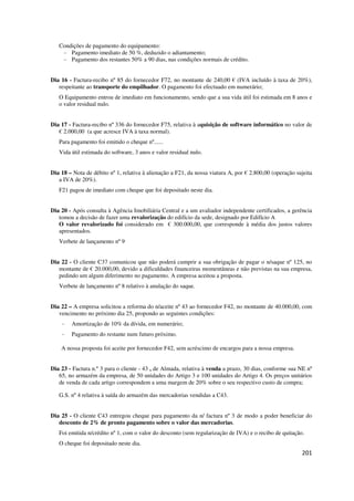 201
Condições de pagamento do equipamento:
- Pagamento imediato de 50 %, deduzido o adiantamento;
- Pagamento dos restantes 50% a 90 dias, nas condições normais de crédito.
Dia 16 - Factura-recibo nº 85 do fornecedor F72, no montante de 240,00 € (IVA incluído à taxa de 20%),
respeitante ao transporte do empilhador. O pagamento foi efectuado em numerário;
O Equipamento entrou de imediato em funcionamento, sendo que a sua vida útil foi estimada em 8 anos e
o valor residual nulo.
Dia 17 - Factura-recibo nº 336 do fornecedor F75, relativa à aquisição de software informático no valor de
€ 2.000,00 (a que acresce IVA à taxa normal).
Para pagamento foi emitido o cheque nº......
Vida útil estimada do software, 3 anos e valor residual nulo.
Dia 18 – Nota de débito nº 1, relativa à alienação a F21, da nossa viatura A, por € 2.800,00 (operação sujeita
a IVA de 20%).
F21 pagou de imediato com cheque que foi depositado neste dia.
Dia 20 - Após consulta à Agência Imobiliária Central e a um avaliador independente certificados, a gerência
tomou a decisão de fazer uma revalorização do edifício da sede, designado por Edifício A
O valor revalorizado foi considerado em € 300.000,00, que corresponde à média dos justos valores
apresentados.
Verbete de lançamento nº 9
Dia 22 - O cliente C37 comunicou que não poderá cumprir a sua obrigação de pagar o n/saque nº 125, no
montante de € 20.000,00, devido a dificuldades financeiras momentâneas e não previstas na sua empresa,
pedindo um algum diferimento no pagamento. A empresa aceitou a proposta.
Verbete de lançamento nº 8 relativo à anulação do saque.
Dia 22 – A empresa solicitou a reforma do n/aceite nº 43 ao fornecedor F42, no montante de 40.000,00, com
vencimento no próximo dia 25, propondo as seguintes condições:
- Amortização de 10% da dívida, em numerário;
- Pagamento do restante num futuro próximo.
A nossa proposta foi aceite por fornecedor F42, sem acréscimo de encargos para a nossa empresa.
Dia 23 - Factura n.º 3 para o cliente - 43 , de Almada, relativa à venda a prazo, 30 dias, conforme sua NE nº
65, no armazém da empresa, de 50 unidades do Artigo 3 e 100 unidades do Artigo 4. Os preços unitários
de venda de cada artigo correspondem a uma margem de 20% sobre o seu respectivo custo de compra;
G.S. nº 4 relativa à saída do armazém das mercadorias vendidas a C43.
Dia 25 - O cliente C43 entregou cheque para pagamento da n/ factura nº 3 de modo a poder beneficiar do
desconto de 2% de pronto pagamento sobre o valor das mercadorias.
Foi emitida n/crédito nº 1, com o valor do desconto (sem regularização de IVA) e o recibo de quitação.
O cheque foi depositado neste dia.
 