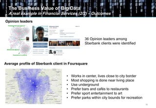 15
The Business Value of Big Data
A real example in Financial Services (2/2) – Outcomes
Opinion leaders
36 Opinion leaders among
Sberbank clients were identified
Average profile of Sberbank client in Foursquare
• Works in center, lives close to city border
• Most shopping is done near living place
• Use underground
• Prefer bars and cafés to restaurants
• Prefer sport entertainment to art
• Prefer parks within city bounds for recreation
 