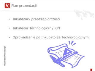 Plan prezentacjiInkubatory przedsiębiorczościInkubator Technologiczny KPTOprowadzenie po Inkubatorze Technologicznym