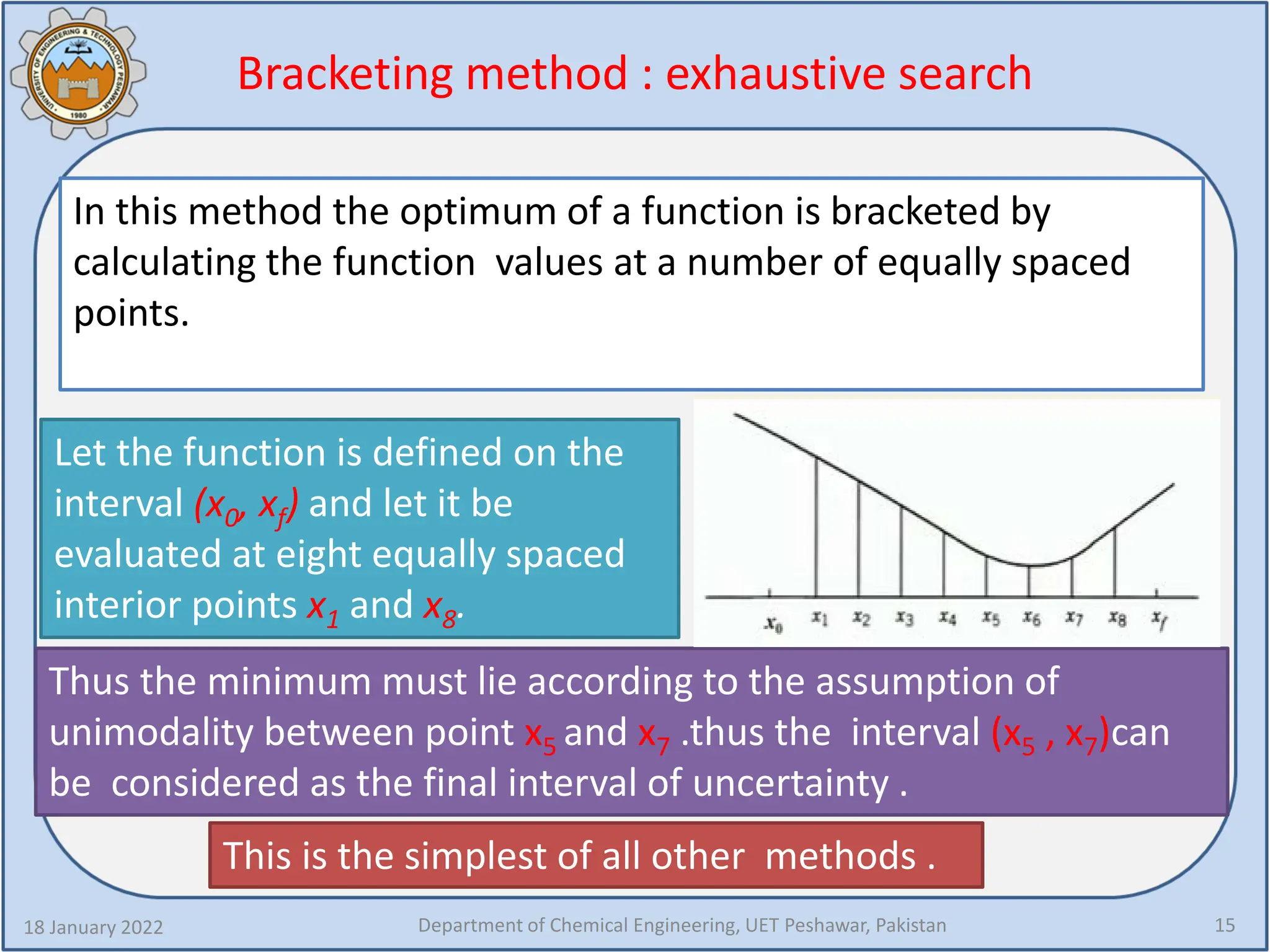 Bracketing method : exhaustive search
In this method the optimum of a function is bracketed by
calculating the function values at a number of equally spaced
points.
18 January 2022 Department of Chemical Engineering, UET Peshawar, Pakistan 15
Let the function is defined on the
interval (x0, xf) and let it be
evaluated at eight equally spaced
interior points x1 and x8.
Thus the minimum must lie according to the assumption of
unimodality between point x5 and x7 .thus the interval (x5 , x7)can
be considered as the final interval of uncertainty .
This is the simplest of all other methods .
 