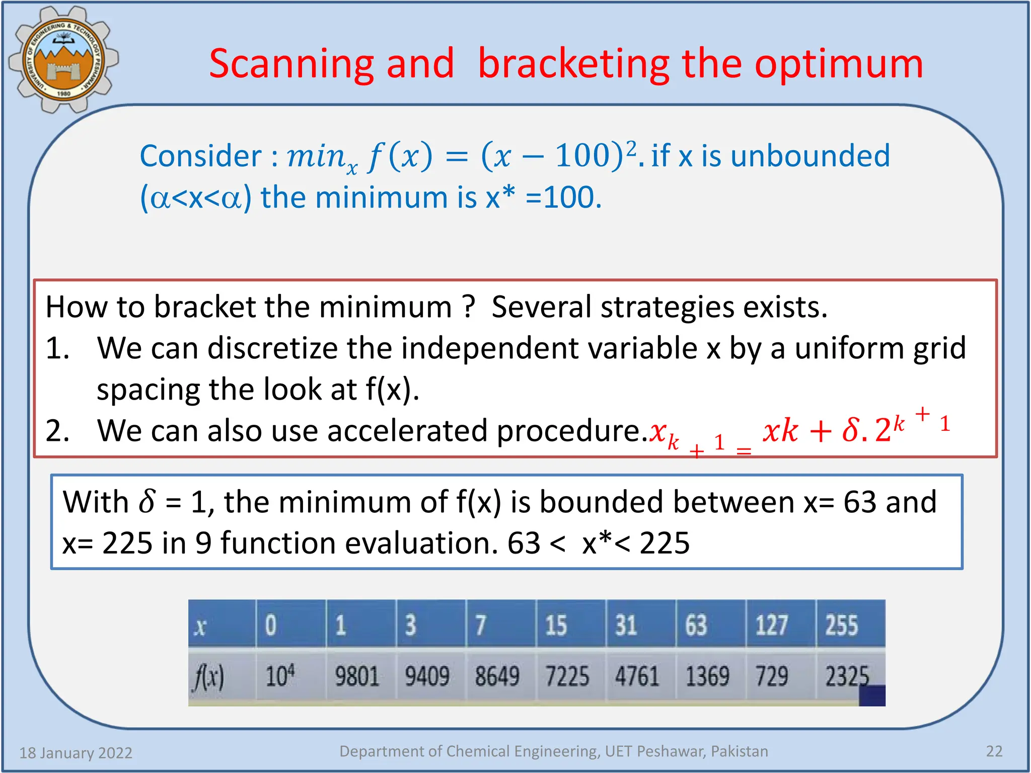 Scanning and bracketing the optimum
18 January 2022 Department of Chemical Engineering, UET Peshawar, Pakistan 22
Consider : 𝑚𝑚𝑚𝑚𝑚𝑚𝑥𝑥 𝑓𝑓 𝑥𝑥 = 𝑥𝑥 − 100 2. if x is unbounded
(α<x<α) the minimum is x* =100.
How to bracket the minimum ? Several strategies exists.
1. We can discretize the independent variable x by a uniform grid
spacing the look at f(x).
2. We can also use accelerated procedure.𝑥𝑥𝑘𝑘 + 1 =
𝑥𝑥𝑥𝑥 + 𝛿𝛿. 2𝑘𝑘 + 1
With 𝛿𝛿 = 1, the minimum of f(x) is bounded between x= 63 and
x= 225 in 9 function evaluation. 63 < x*< 225
 