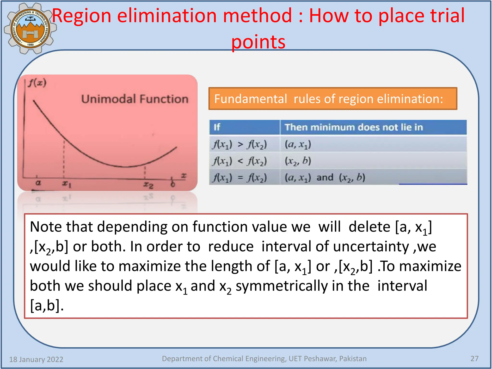 Region elimination method : How to place trial
points
18 January 2022 Department of Chemical Engineering, UET Peshawar, Pakistan 27
Fundamental rules of region elimination:
Note that depending on function value we will delete [a, x1]
,[x2,b] or both. In order to reduce interval of uncertainty ,we
would like to maximize the length of [a, x1] or ,[x2,b] .To maximize
both we should place x1 and x2 symmetrically in the interval
[a,b].
 