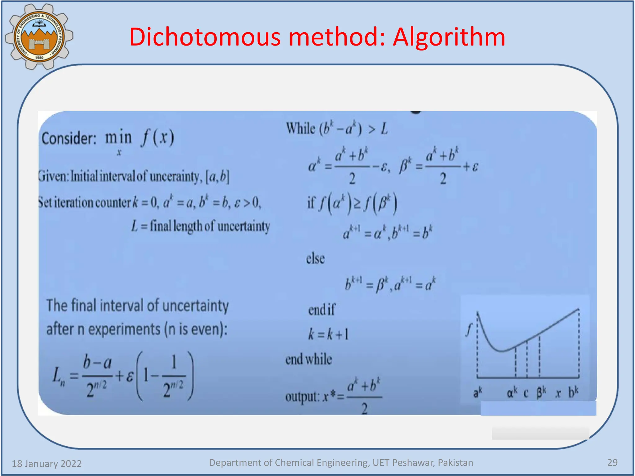 Dichotomous method: Algorithm
18 January 2022 Department of Chemical Engineering, UET Peshawar, Pakistan 29
 