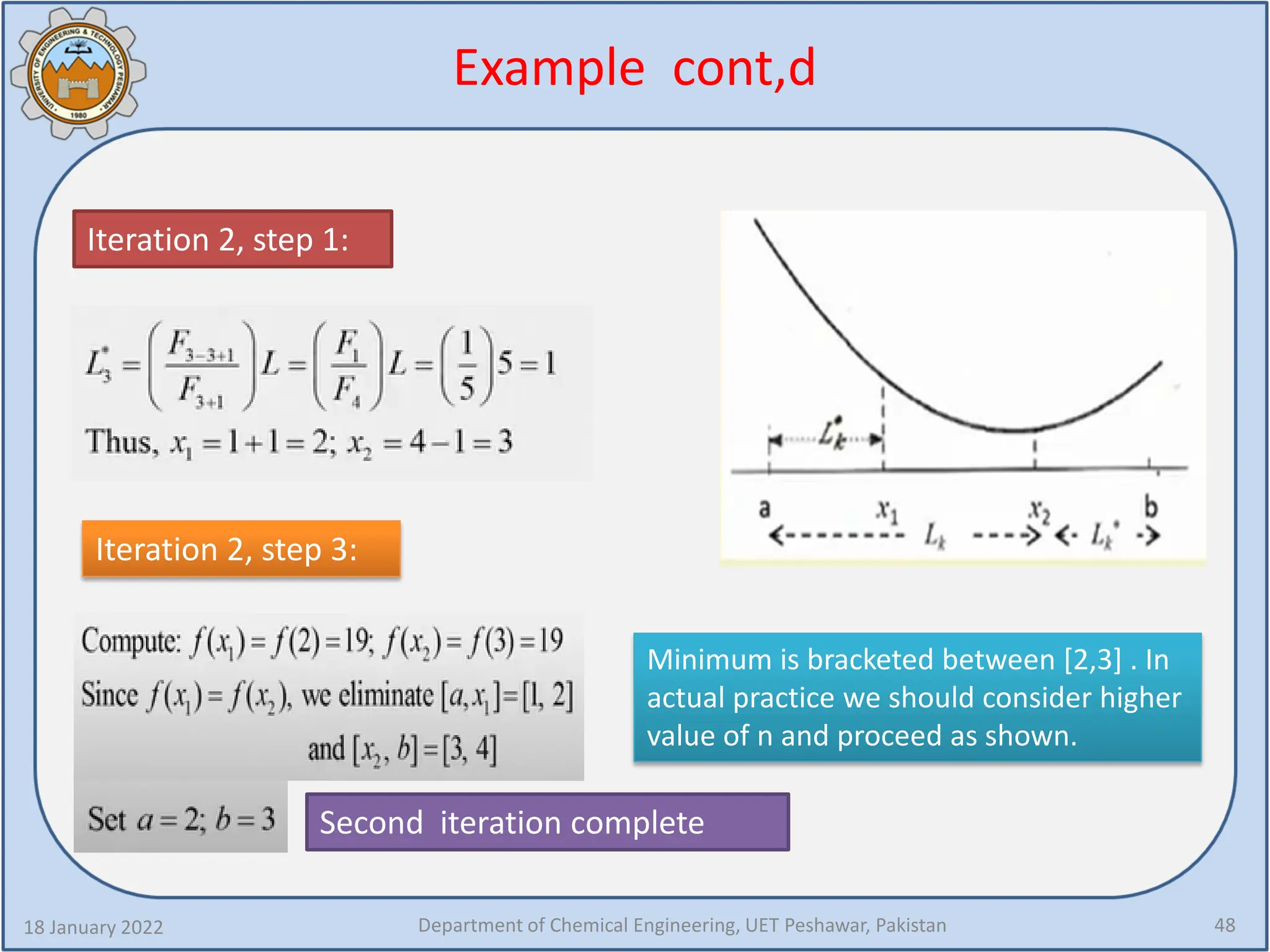 Example cont,d
18 January 2022 Department of Chemical Engineering, UET Peshawar, Pakistan 48
Iteration 2, step 1:
Second iteration complete
Iteration 2, step 3:
Minimum is bracketed between [2,3] . In
actual practice we should consider higher
value of n and proceed as shown.
 