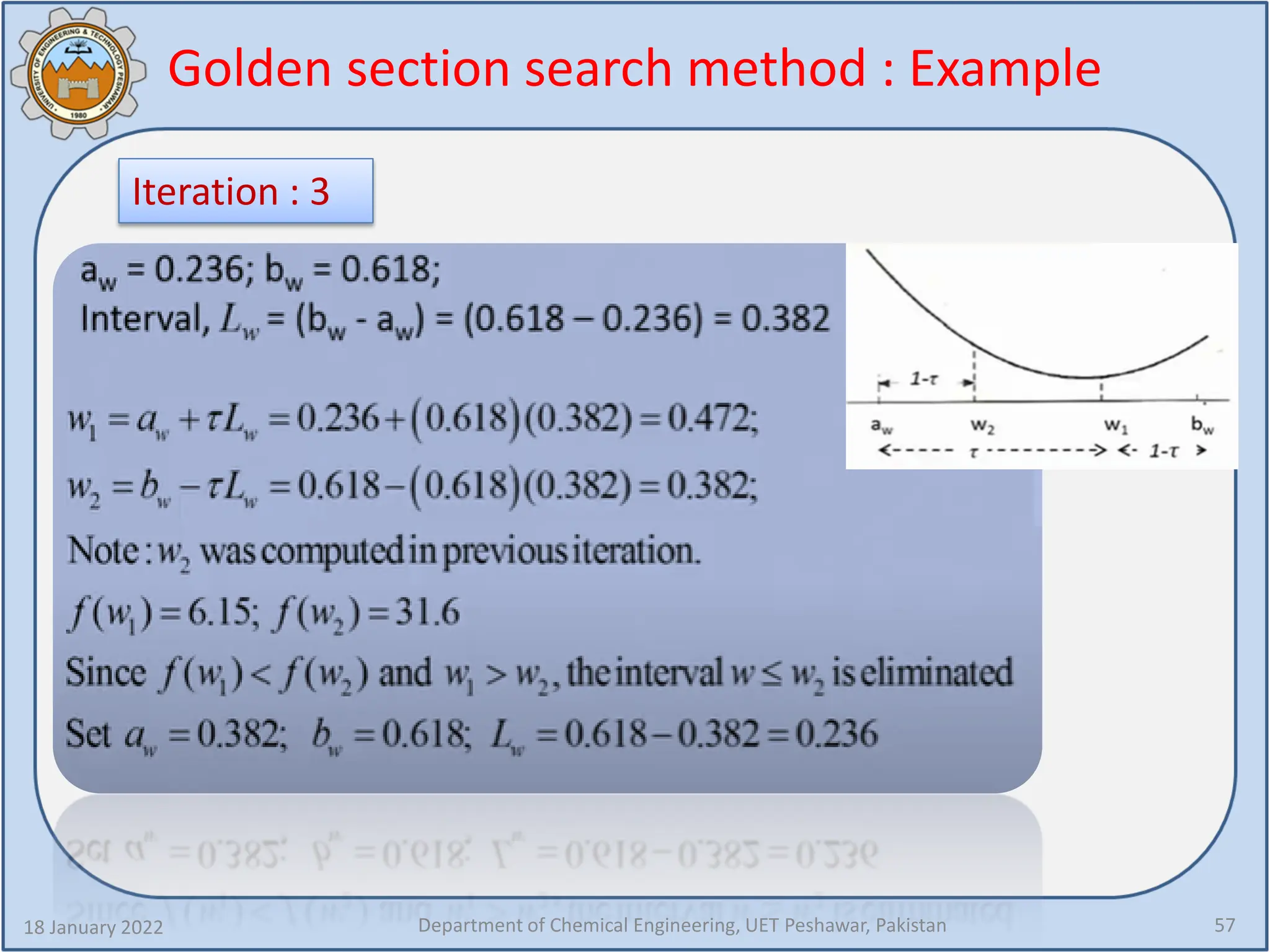 Golden section search method : Example
18 January 2022 Department of Chemical Engineering, UET Peshawar, Pakistan 57
Iteration : 3
 