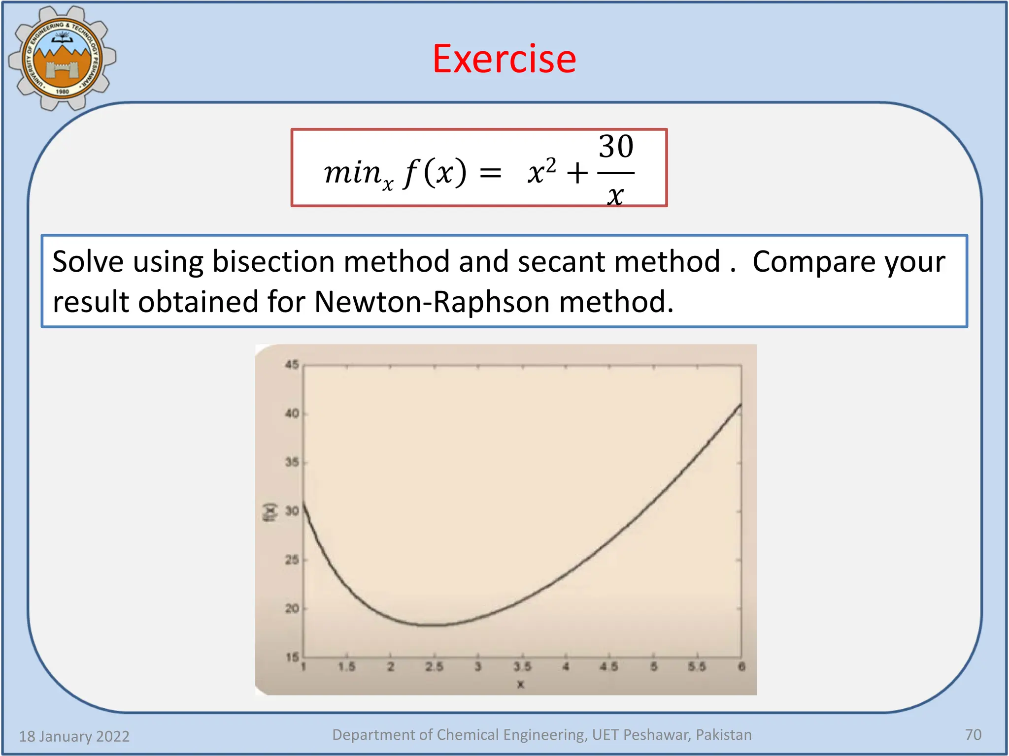 Exercise
18 January 2022 Department of Chemical Engineering, UET Peshawar, Pakistan 70
𝑚𝑚𝑚𝑚𝑚𝑚𝑥𝑥 𝑓𝑓 𝑥𝑥 = 𝑥𝑥2 +
30
𝑥𝑥
Solve using bisection method and secant method . Compare your
result obtained for Newton-Raphson method.
 