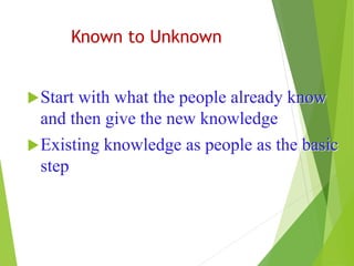 Known to Unknown
Start with what the people already know
and then give the new knowledge
Existing knowledge as people as the basic
step
 