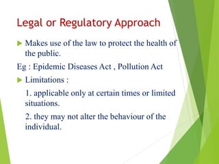 Legal or Regulatory Approach
 Makes use of the law to protect the health of
the public.
Eg : Epidemic Diseases Act , Pollution Act
 Limitations :
1. applicable only at certain times or limited
situations.
2. they may not alter the behaviour of the
individual.
 