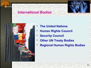 58
International Bodies
 The United Nations
 Human Rights Council
 Security Council
 Other UN Treaty Bodies
 Regional Human Rights Bodies
 