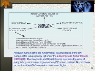 60
Although human rights are fundamental to all functions of the UN,
human rights issues mainly fall under the Economic and Social Council
(ECOSOC). The Economic and Social Council oversees the work of
many intergovernmental organizations (IGOs) and certain UN commissio
ns, such as the UN Commission on Human Rights.
 