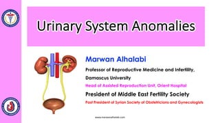 Urinary System Anomalies
www.marwanalhalabi.com
Marwan Alhalabi
Professor of Reproductive Medicine and Infertility,
Damascus University
Head of Assisted Reproduction Unit, Orient Hospital
President of Middle East Fertility Society
Past President of Syrian Society of Obstetricians and Gynecologists
 