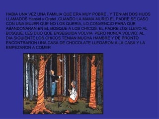 HABIA UNA VEZ UNA FAMILIA QUE ERA MUY POBRE , Y TENIAN DOS HIJOS LLAMADOS Hansel y Gretel ,CUANDO LA MAMA MURIO EL PADRE SE CASO CON UNA MUJER QUE NO LOS QUERIA, LO CONVENCIO PARA QUE ABANDONARAN EN EL BOSQUE A LOS CHICOS, EL PADRE LOS LLEVO AL BOSQUE, LES DIJO QUE ENSEGUIDA VOLVIA  PERO NUNCA VOLVIO. AL DIA SIGUIENTE LOS CHICOS TENIAN MUCHA HAMBRE Y DE PRONTO ENCONTRARON UNA CASA DE CHOCOLATE LLEGARON A LA CASA Y LA EMPEZARON A COMER  