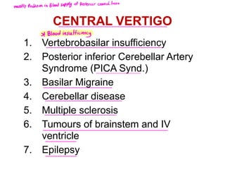 CENTRAL VERTIGO
1. Vertebrobasilar insufficiency
2. Posterior inferior Cerebellar Artery
Syndrome (PICA Synd.)
3. Basilar Migraine
4. Cerebellar disease
5. Multiple sclerosis
6. Tumours of brainstem and IV
ventricle
7. Epilepsy
mostly
problem
inBlood
supplyofPosterior
cranial
fossa
Bloodinsufficiency
 
