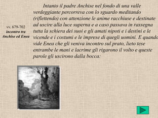 Intanto il padre Anchise nel fondo di una valle
                  verdeggiante percorreva con lo sguardo meditando
                  (riflettendo) con attenzione le anime racchiuse e destinate
  vv. 679-702     ad uscire alla luce superna e a caso passava in rassegna
  incontro tra    tutta la schiera dei suoi e gli amati nipoti e i destini e le
Anchise ed Enea   vicende e i costumi e le imprese di quegli uomini. E quando
                  vide Enea che gli veniva incontro sul prato, lieto tese
                  entrambe le mani e lacrime gli rigarono il volto e queste
                  parole gli uscirono dalla bocca:
 