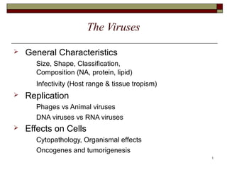 1
The Viruses
 General Characteristics
Size, Shape, Classification,
Composition (NA, protein, lipid)
Infectivity (Host range & tissue tropism)
 Replication
Phages vs Animal viruses
DNA viruses vs RNA viruses
 Effects on Cells
Cytopathology, Organismal effects
Oncogenes and tumorigenesis
 