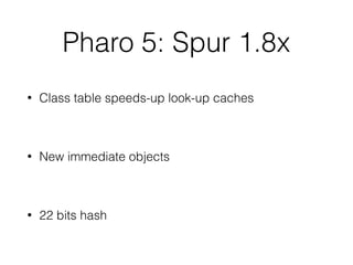 Pharo 5: Spur 1.8x
• Class table speeds-up look-up caches
• New immediate objects
• 22 bits hash
 
