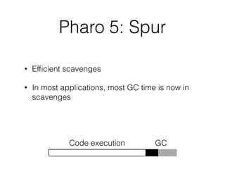 Pharo 5: Spur
• Efﬁcient scavenges
• In most applications, most GC time is now in
scavenges
Code execution GC
 