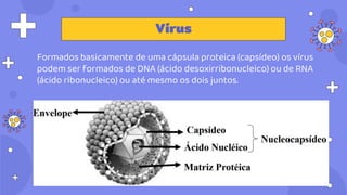 Formados basicamente de uma cápsula proteica (capsídeo) os vírus
podem ser formados de DNA (ácido desoxirribonucleico) ou de RNA
(ácido ribonucleico) ou até mesmo os dois juntos.
Vírus
 