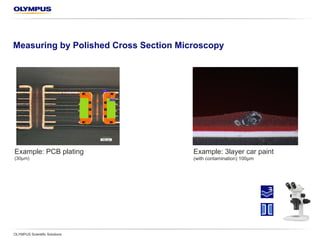 Measuring by Polished Cross Section Microscopy
OLYMPUS Scientific Solutions
Example: PCB plating (30 µm) Example: 3 layer car paint
(with contamination) 100 µm
 