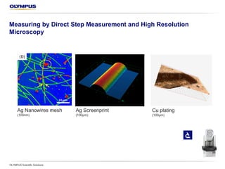Measuring by Direct Step Measurement and High-Resolution
Microscopy
OLYMPUS Scientific Solutions
Ag nanowire mesh
(100 nm)
Ag screenprint
(100 µm)
Cu plating
(100 µm)
 