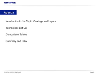 Agenda
OLYMPUS EUROPA SE & Co. KG Page 3
Introduction to the Topic: Coatings and Layers
Technology List Up
Comparison Tables
Summary and Q&A
 