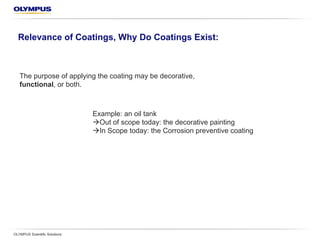 Relevance of Coatings — Why Do Coatings Exist?
OLYMPUS Scientific Solutions
The purpose of applying the coating may be decorative,
functional, or both.
Example: an oil tank
àOut of scope today: the decorative painting
àIn scope today: the corrosion preventive coating
 