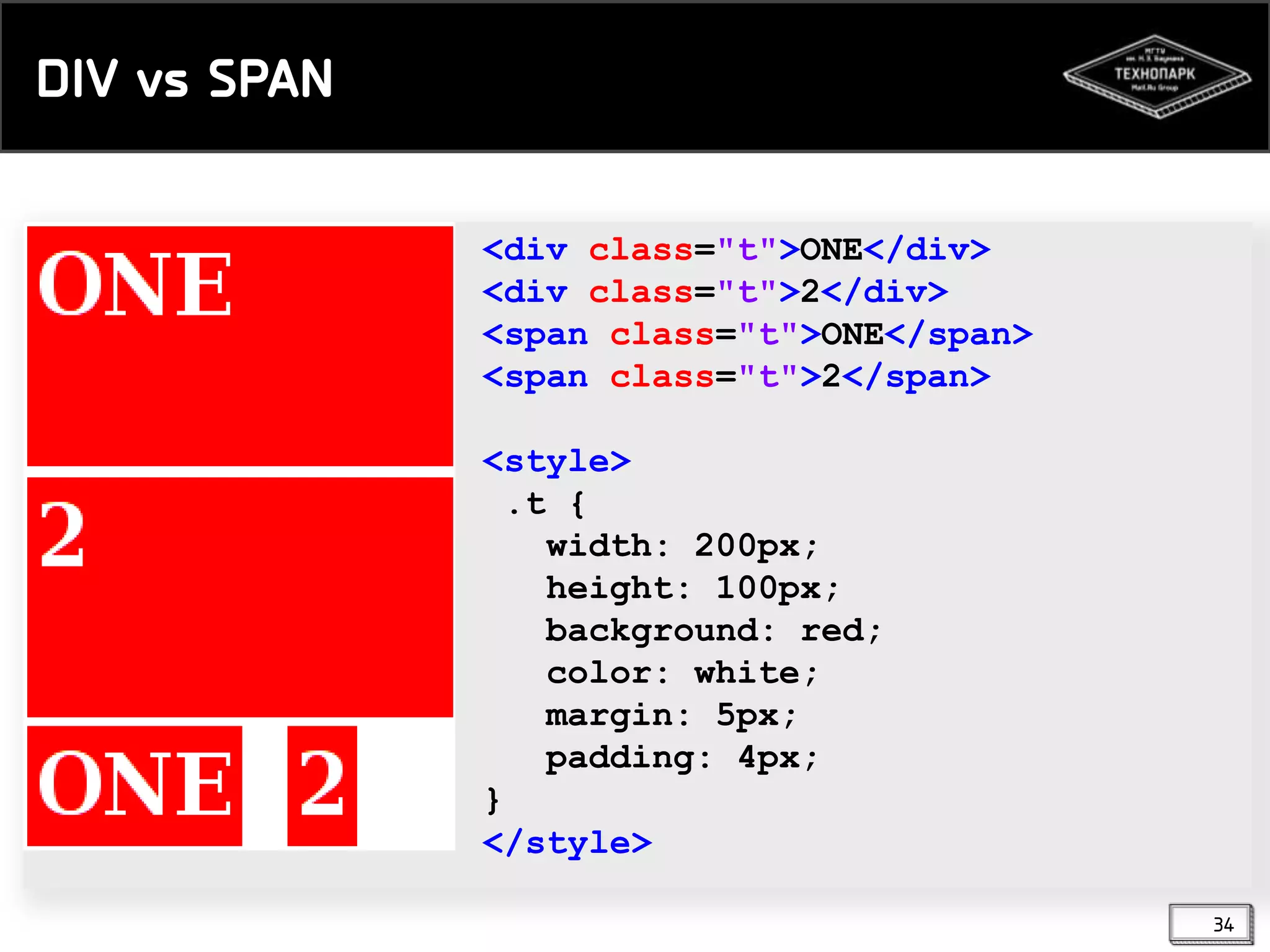 DIV vs SPAN
<div class="t">ONE</div>
<div class="t">2</div>
<span class="t">ONE</span>
<span class="t">2</span>
<style>
.t {
width: 200px;
height: 100px;
background: red;
color: white;
margin: 5px;
padding: 4px;
}
</style>
34

 