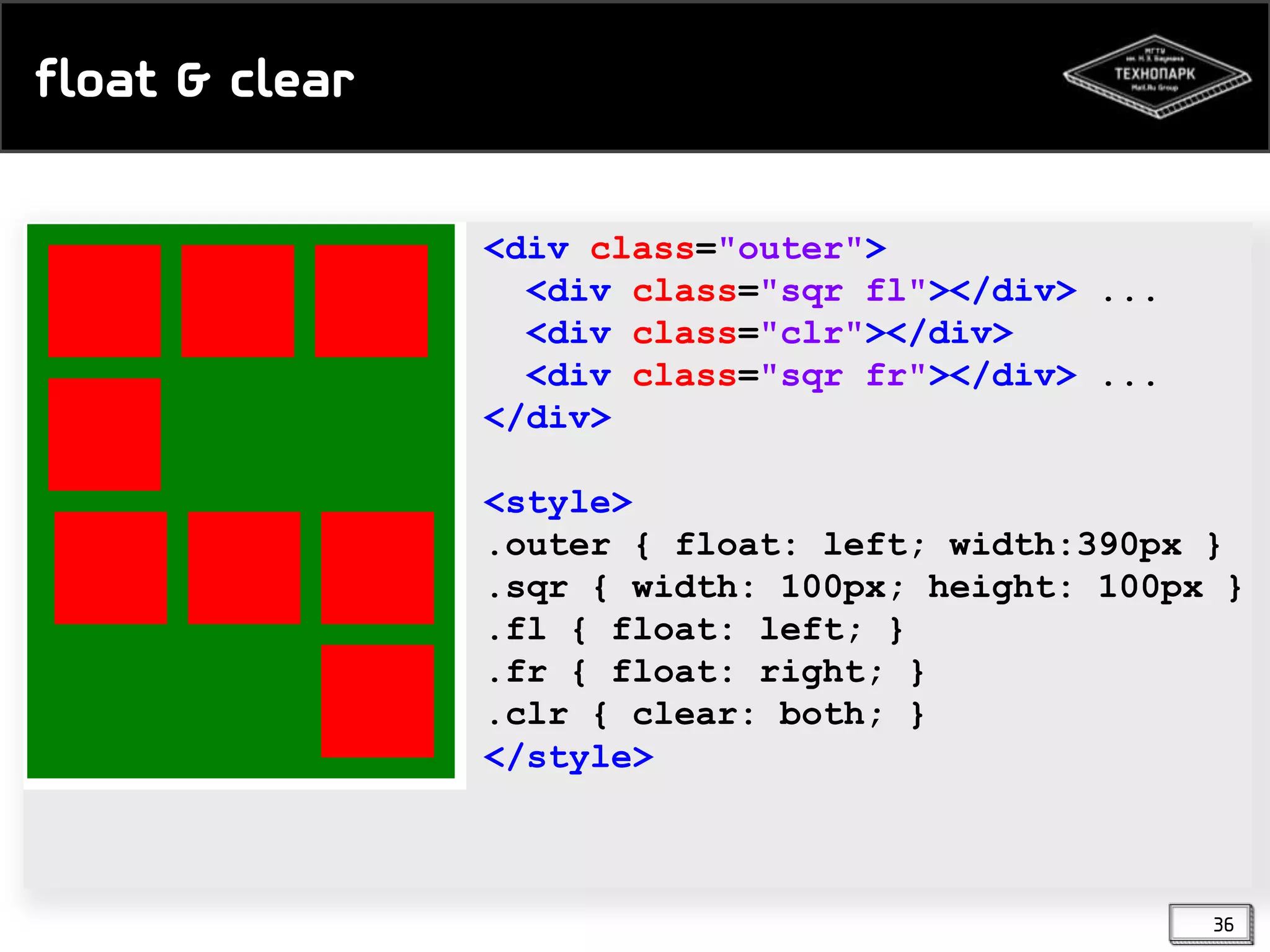 float & clear
<div class="outer">
<div class="sqr fl"></div> ...
<div class="clr"></div>
<div class="sqr fr"></div> ...
</div>
<style>
.outer { float: left; width:390px }
.sqr { width: 100px; height: 100px }
.fl { float: left; }
.fr { float: right; }
.clr { clear: both; }
</style>

36

 