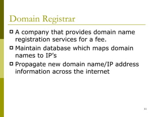 Domain Registrar A company that provides domain name registration services for a fee.  Maintain database which maps domain names to IP’s Propagate new domain name/IP address information across the internet 