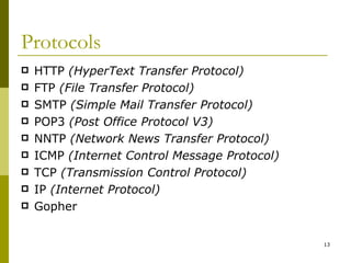 Protocols HTTP  (HyperText Transfer Protocol) FTP  (File Transfer Protocol) SMTP  (Simple Mail Transfer Protocol) POP3  (Post Office Protocol V3) NNTP  (Network News Transfer Protocol) ICMP  (Internet Control Message Protocol) TCP  (Transmission Control Protocol) IP  (Internet Protocol)  Gopher 