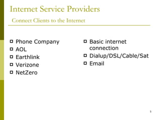 Internet Service Providers   Connect Clients to the Internet Phone Company AOL Earthlink Verizone NetZero Basic internet connection Dialup/DSL/Cable/Sat Email 