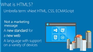 Not a marketing
message
What is HTML5?
A new standard for
a new web
A language with support
on a variety of devices
Umbrella term: vNext HTML, CSS, ECMAScript
 