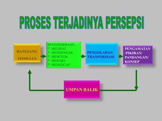 PENGINDERAAN
           * MELIHAT                    PENGAMATAN
RANGSANG   * MENDENGAR    PENGOLAHAN    /PIKIRAN/
           * MENCIUM      TRANFORMASI   PANDANGAN/
STIMULUS
           * MERABA                     KONSEP
           * MENGECAP




                   UMPAN BALIK
 