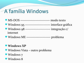 A família Windows
MS-DOS --------------------------- modo texto
Windows 95 ----------------------- interface gráfica
Windows 98 ----------------------- integração c/
 internet
Windows ME ---------------------- problema


Windows XP
Windows Vista – outro problema
Windows 7
Windows 8
 