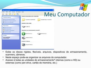 Meu Computador




• Exibe os discos rígidos, flexíveis, arquivos, dispositivos de armazenamento,
  scanners, câmeras.
• Neste espaço pode-se organizar os arquivos do computador.
• Acesso à todas as unidades de armazenamento* internas (como o HD) ou
  externas (como pen drive, cartão de memória, etc.)
 
