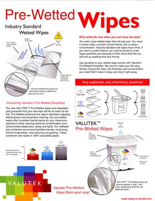 Pre-Wetted
Industry Standard
       Wetted Wipes
                                                                                       Wipes
                                                                                         Why settle for less when you can have the best!
Pouch residue                                                   out
                                                                                         You want a pre-wetted wiper that will stay wet. You need
creates disposal                                              gassing                    a certain wipe, a certain solvent blend, and a certain
                                                                                         concentration. Industry standard wet wipes have limits. If
                                                                                         you want a custom-blend, you may be forced to order
                                                                                         large quantities and because of their short shelf life you
                                                                                         will end up wasting time and money.

                                                                                         Say goodbye to your wetted wipe worries with Valutek's
                                                                                         Pre-Wetted Simplifed. We want to make your life easy.
                                                                                         Simply choose the wipe, the chemistry and concentration
                                                                                         you need! We'll make it today and ship it right away.
                                                                    Flexible opening
                                                                    is difficult to
                                                                    seal, product
                                                                    dries out fast
                                                                                            Any substrate, any chemistry, anytime!
                                 Industry standard wet wipes are
                               flat-packed making it difficult to
                              grab one at a time.



Introducing Valutek's Pre-Wetted Simplified
Our new VALUTEK™ Pre-Wetted wipes and resealable
pail guarantee that your last wipe will be as fresh as the
first. Pre-Wetted enhances the wipe's absorbent capacity,
                                                                                       NanoTek                                                  Ethyl Acetate
effectiveness and streamline cleaning. Our pre-wetted
wipes offer consistent performance for your cleanroom
operations while reducing airborne contamination from                                  VALUTEK™                             Reduced
                                                                                                                              out
solvent bottle dispensers, spray and spills. Our refillable                                                                 gassing

pail containers are environmentally friendly, minimizing                               Pre-Wetted Wipes
solvent evaporation, and reducing out-gassing. These
containers are made of 100% recyclable plastic.


                                                                MacroTek
                       High


Number of particles
& extractables per cubic
liter of air (xu.OOO)




                                                                                                                                                Refill pouch:
                                                                                                                                                75 wipes




                                                                                                                           VALUTEK™ Pre-Wetted wipes are
                                                                                                                          vacuum-packed in bulk. They
                                                                                                                          have outstanding shelf life and
                                                           Valutek Pre-Wetted                                            dispense easily.
                                                            Have them your way!
                                                                                                                                order today at valutek.com
 