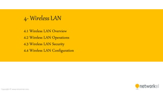 Copyright © www.networkel.com
4- Wireless LAN
4.1 Wireless LAN Overview
4.2 Wireless LAN Operations
4.3 Wireless LAN Security
4.4 Wireless LAN Configuration
 