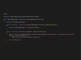 <?php

namespace WowoNewsletterBundleNewsletterModel;

class MailingManager implements MailingManagerInterface
{
    protected $templateManager;

    public function __construct(TemplateManagerInterface $templateManager)
    {
        $this->templateManager = $templateManager;
    }

    public function createMailing($data, Mailing $mailing)
    {
        $body = $this->templateManager->applyTemplate($mailing->getBody(), $mailing->getTitle());
        $mailing->setBody($body);
            $mailing->setSubject($data['subject']);

        return $mailing;
    }
}
 