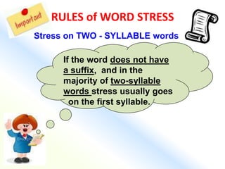 RULES of WORD STRESS
Stress on TWO - SYLLABLE words

      If the word does not have
      a suffix, and in the
      majo...