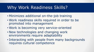 Why Work Readiness Skills?
• Minimizes additional on-the-job training
• Work readiness skills required in order to be
promoted into management
• Work is becoming very service-oriented
• New technologies and changing work
environments require adaptability
• Interacting with people from many backgrounds
requires cultural competence
 